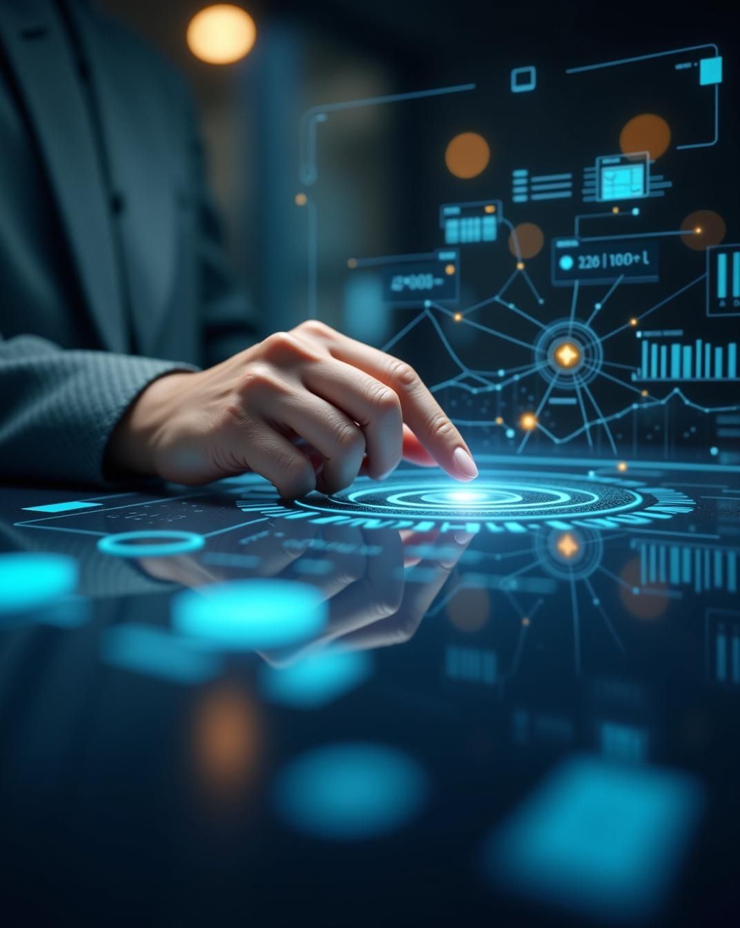 Mão tocando uma interface holográfica futurista com dashboard de conformidade ISO 27001, gráficos de dados, nós conectados e indicadores luminosos, paleta azul-petróleo com detalhes em laranja, iluminação dramática de tecnologia, fotografia realista